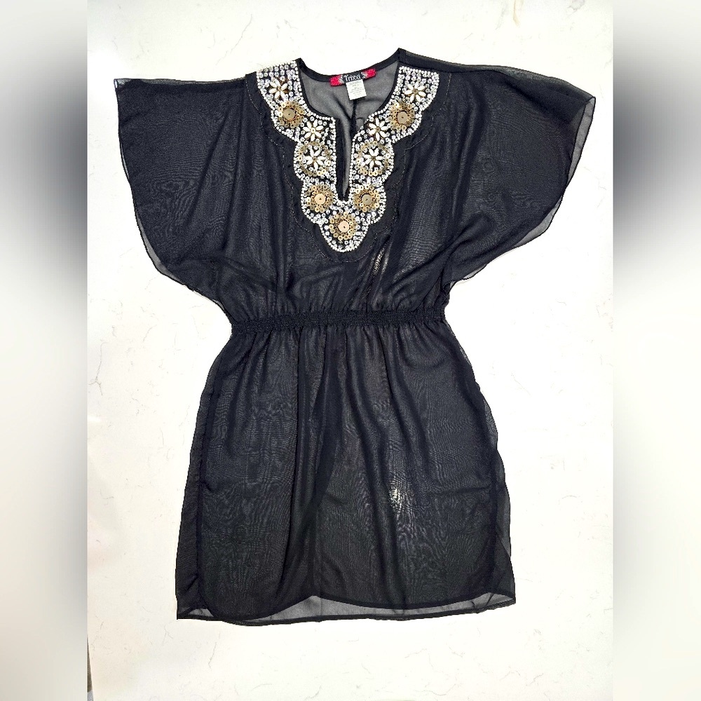 Trixxi Black‎ &  Silver Swimsuit Cover Size 9 100% Polyester Sheer